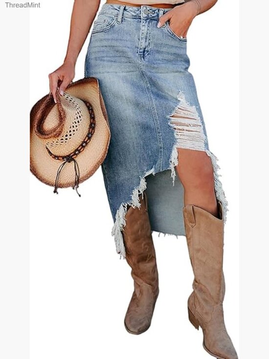 Dresses & Skirts - Ripped Distressed High Waist Denim Skirt Y2k Stretch Midi Skort